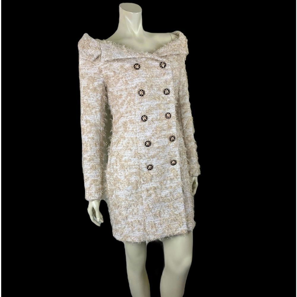 NWOT Cream/Gold Off the Shoulder L/S Tweed Dress from L'Atiste by Amy Sz. Medium